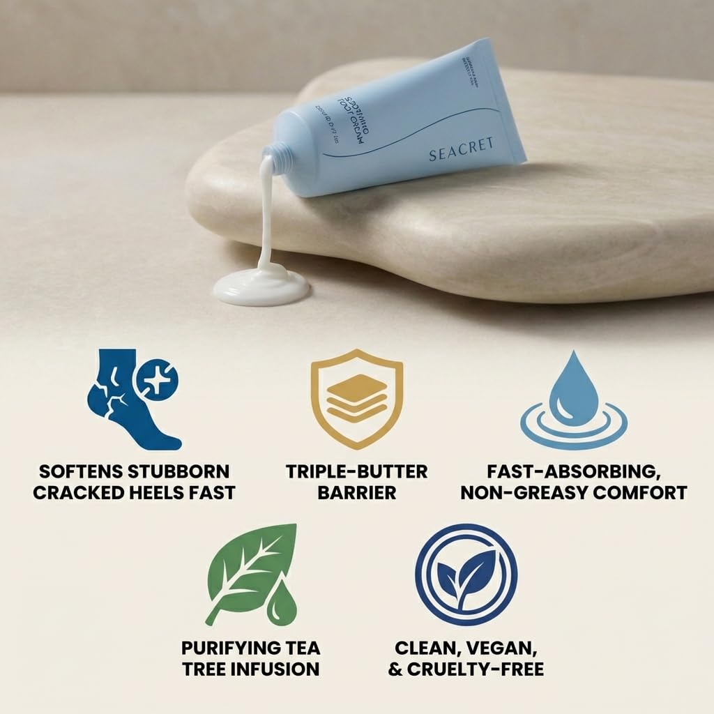 SEACRET Dead Sea Foot Cream with tea tree oil refreshes feet and neutralizes odors.