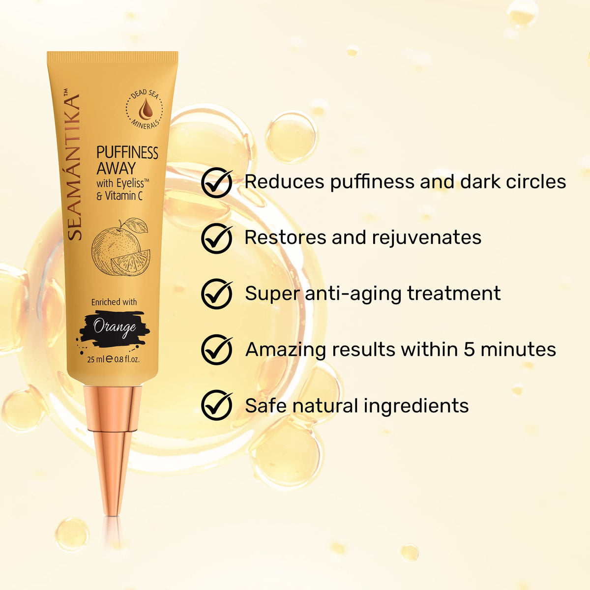 SEAMANTIKA eye cream tube application closeup demonstrates easy, mess-free morning use.