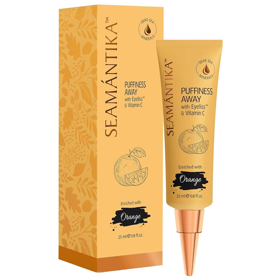 SEAMANTIKA puffiness away eye cream jar closeup shows instant under-eye refresh.
