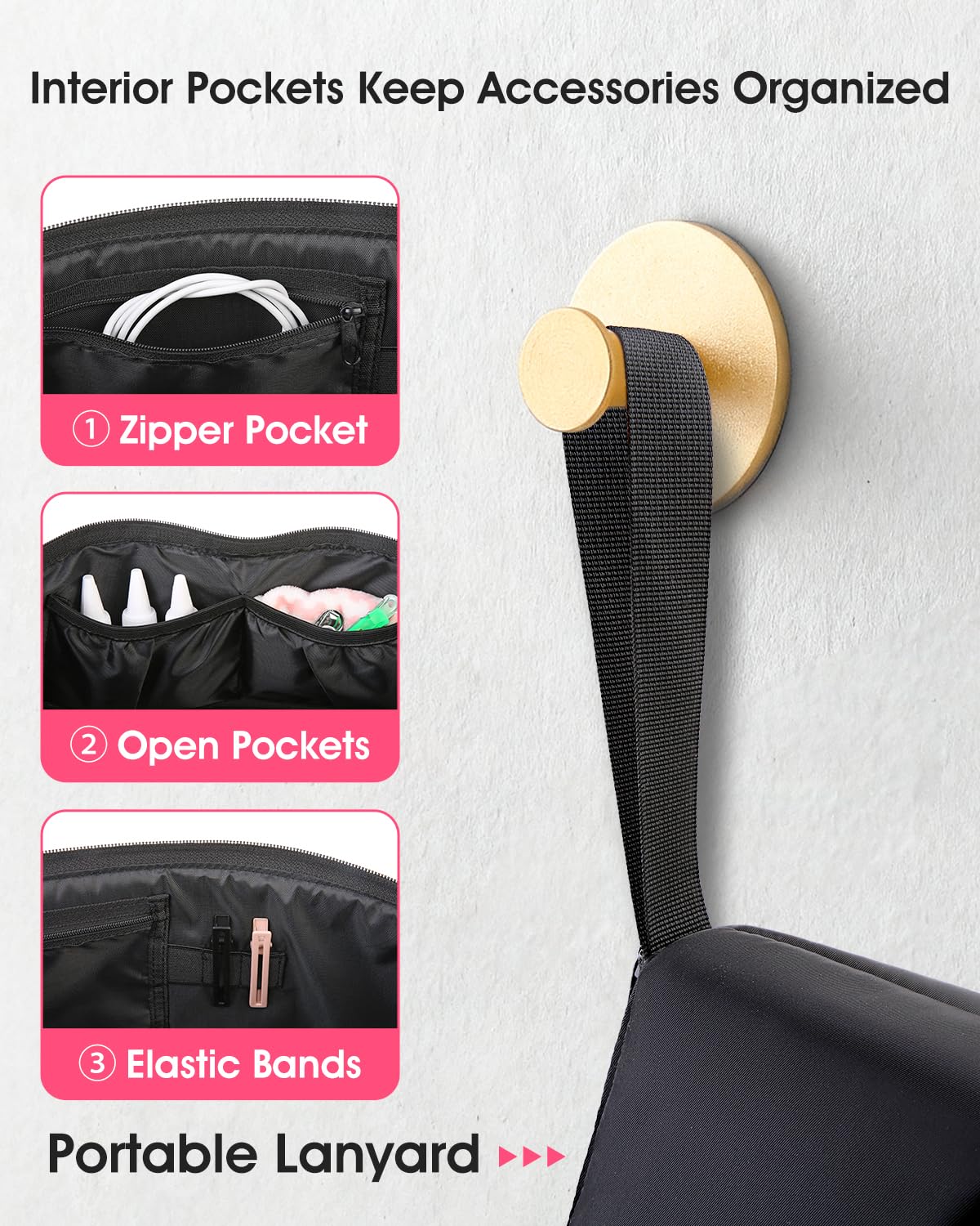 Seashpea elastic pockets and mesh organizers neatly hold brushes and cords
