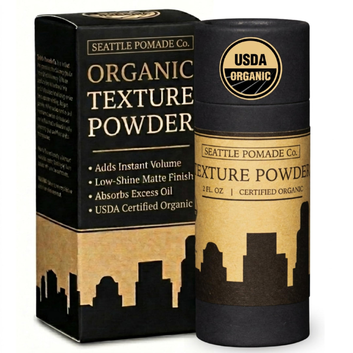 Seattle Pomade Co. Organic Texture Powder bottle pour highlights easy application and lightweight hold.