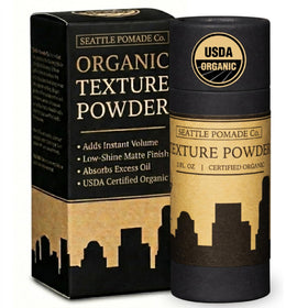 Seattle Pomade Co. Organic Texture Powder bottle pour highlights easy application and lightweight hold.