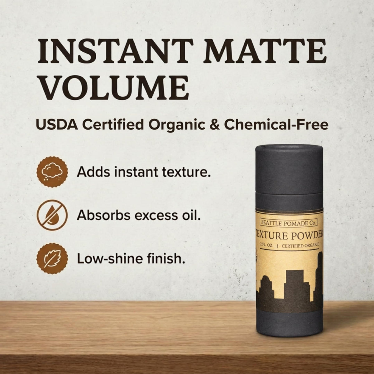 Seattle Pomade Co. Texture Powder in hands demonstrates quick volumizing application.
