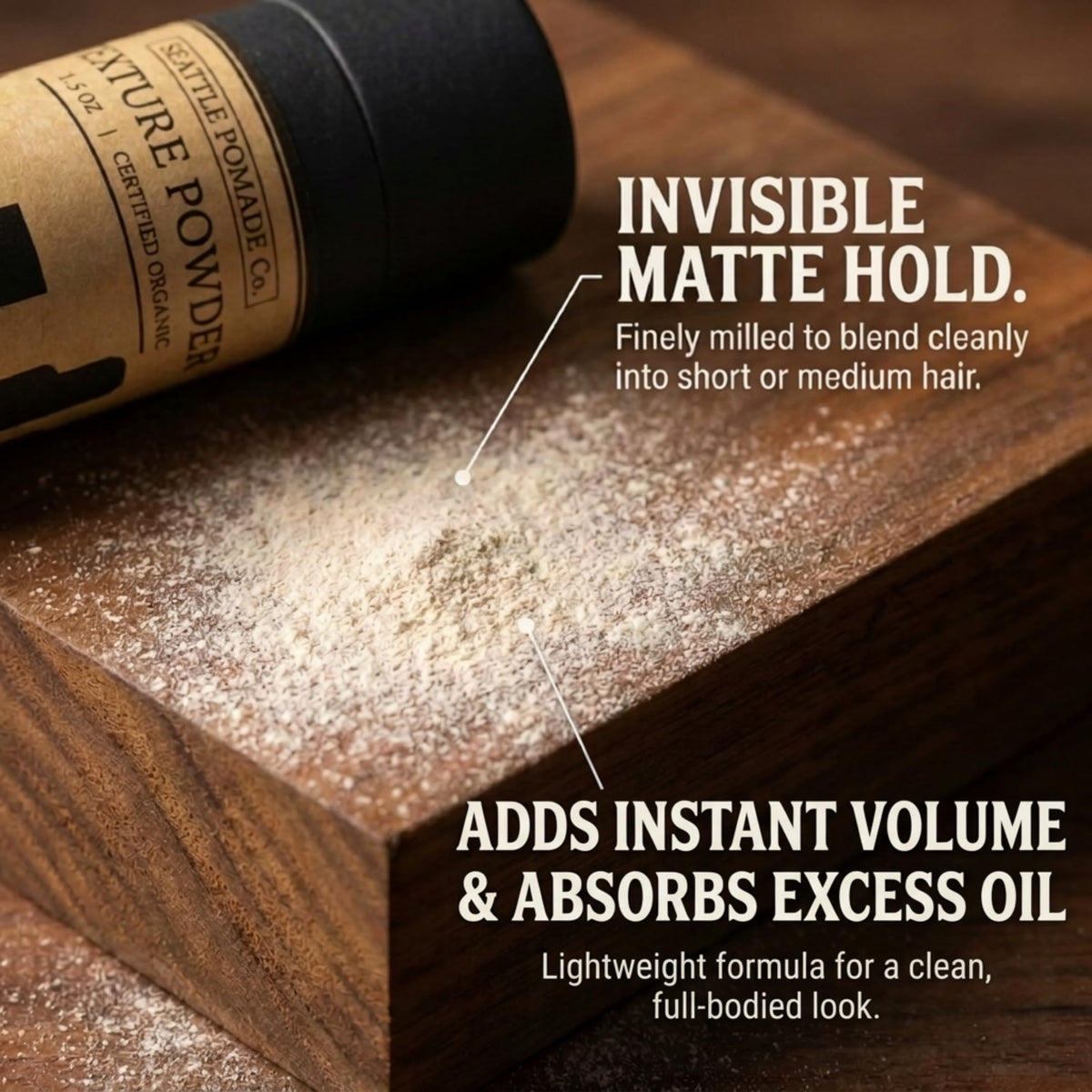 Seattle Pomade Co. Texture Powder delivers a clean matte finish for versatile styling.