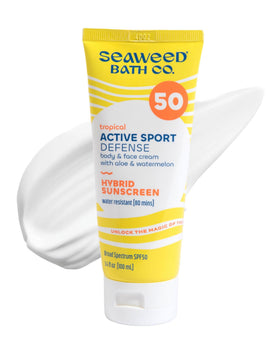 The Seaweed Bath Co. Active Sport Defense cream bottle ready for outdoor sun protection.