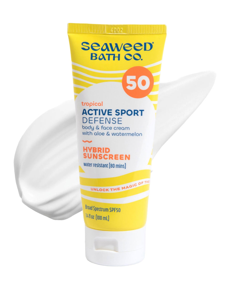 The Seaweed Bath Co. Active Sport Defense cream bottle ready for outdoor sun protection.