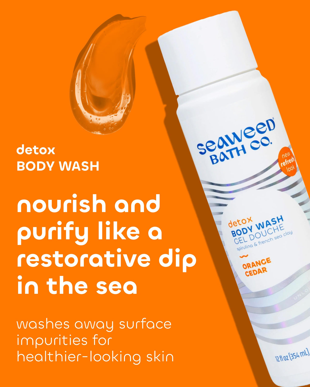 The Seaweed Bath Co Detox Body Wash orange cedar bottle shows an uplifting aroma.