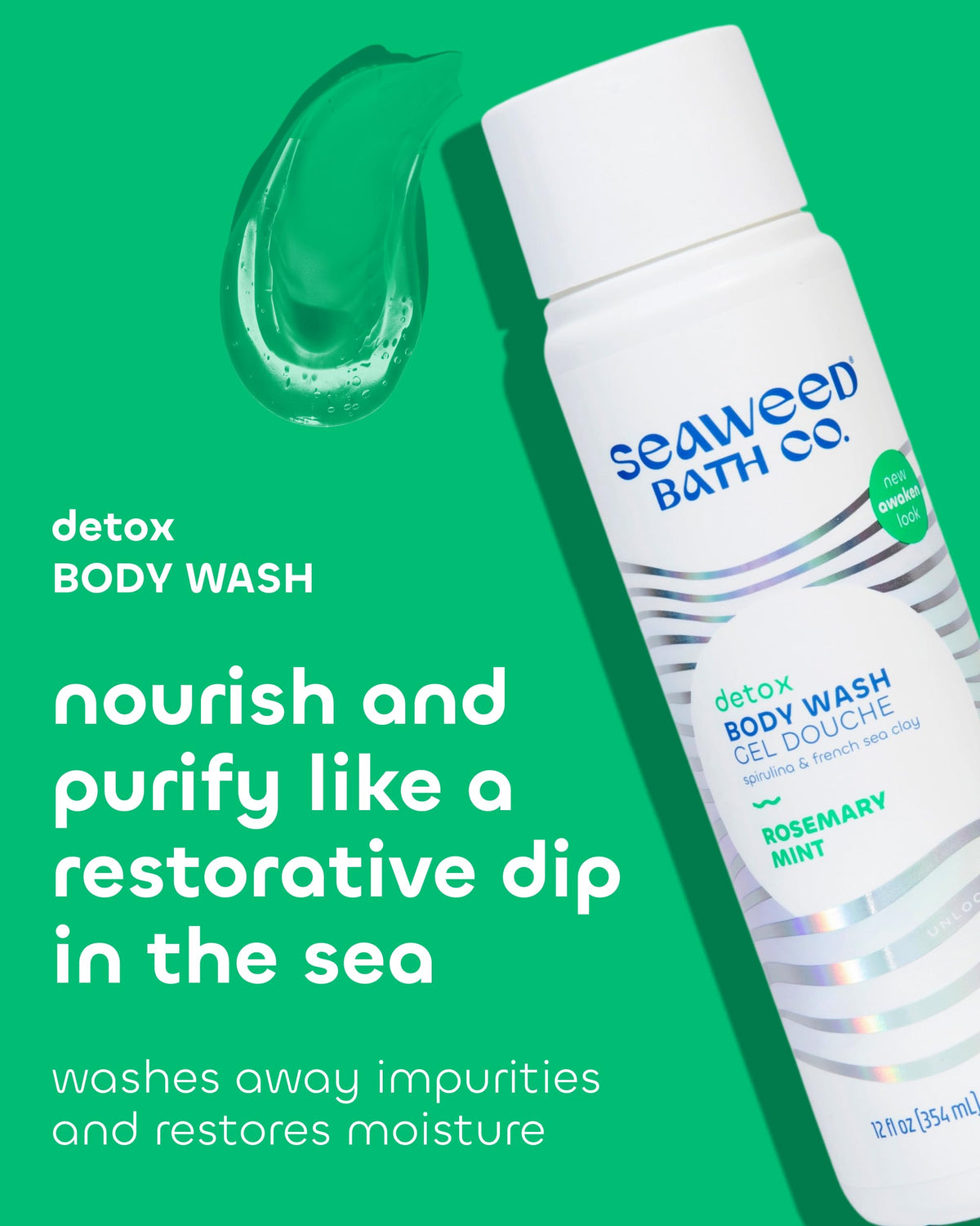 Seaweed Bath Co. Detox Body Wash foam on skin, signaling nourishing formulation.