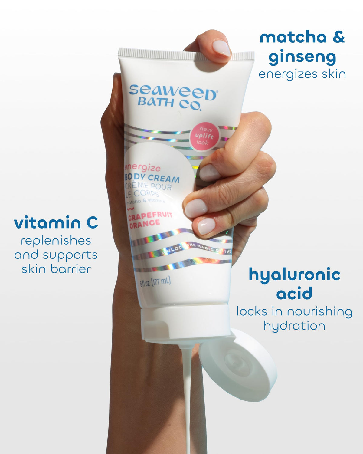 Seaweed Bath Co. Energize ingredients close-up highlights hyaluronic acid for hydration.