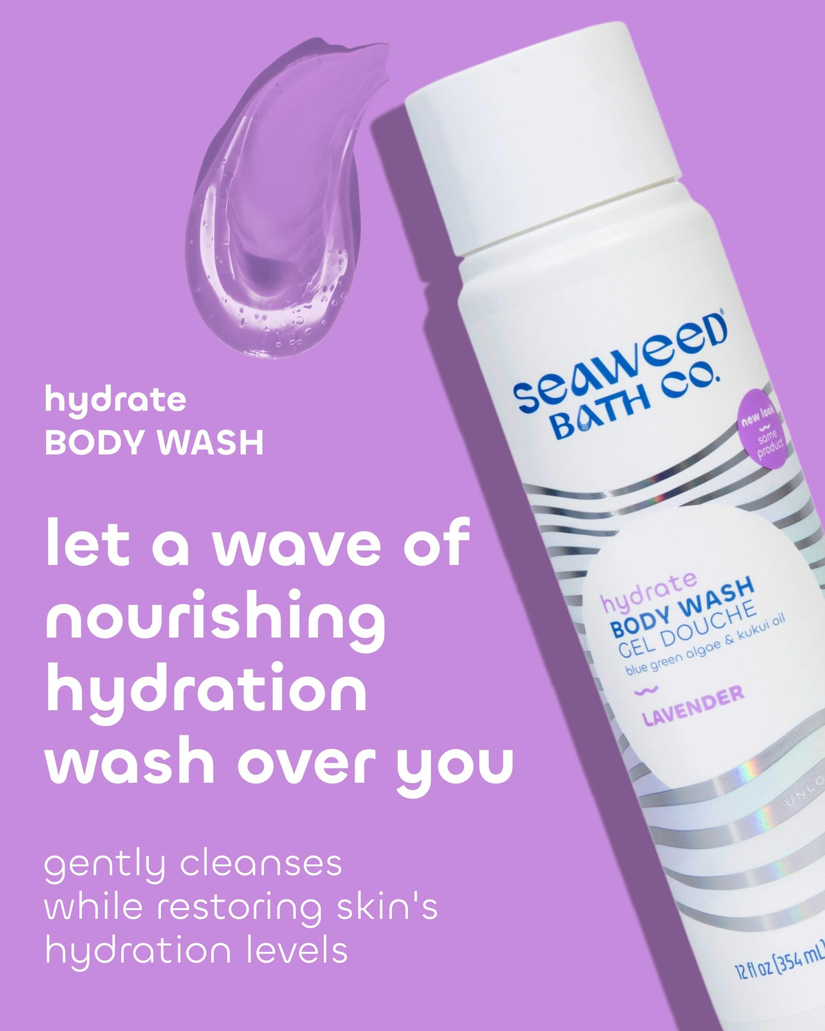 Seaweed Bath Co. Hydrate foaming lavender texture, soothing shower lather.
