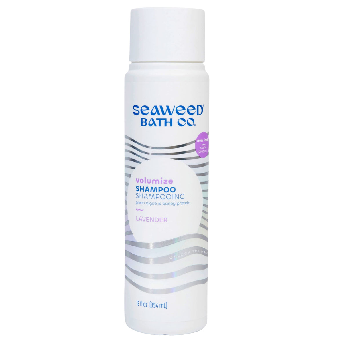 Seaweed Bath Co. Volumize Lavender Shampoo bottle increases fullness using seaweed and barley protein