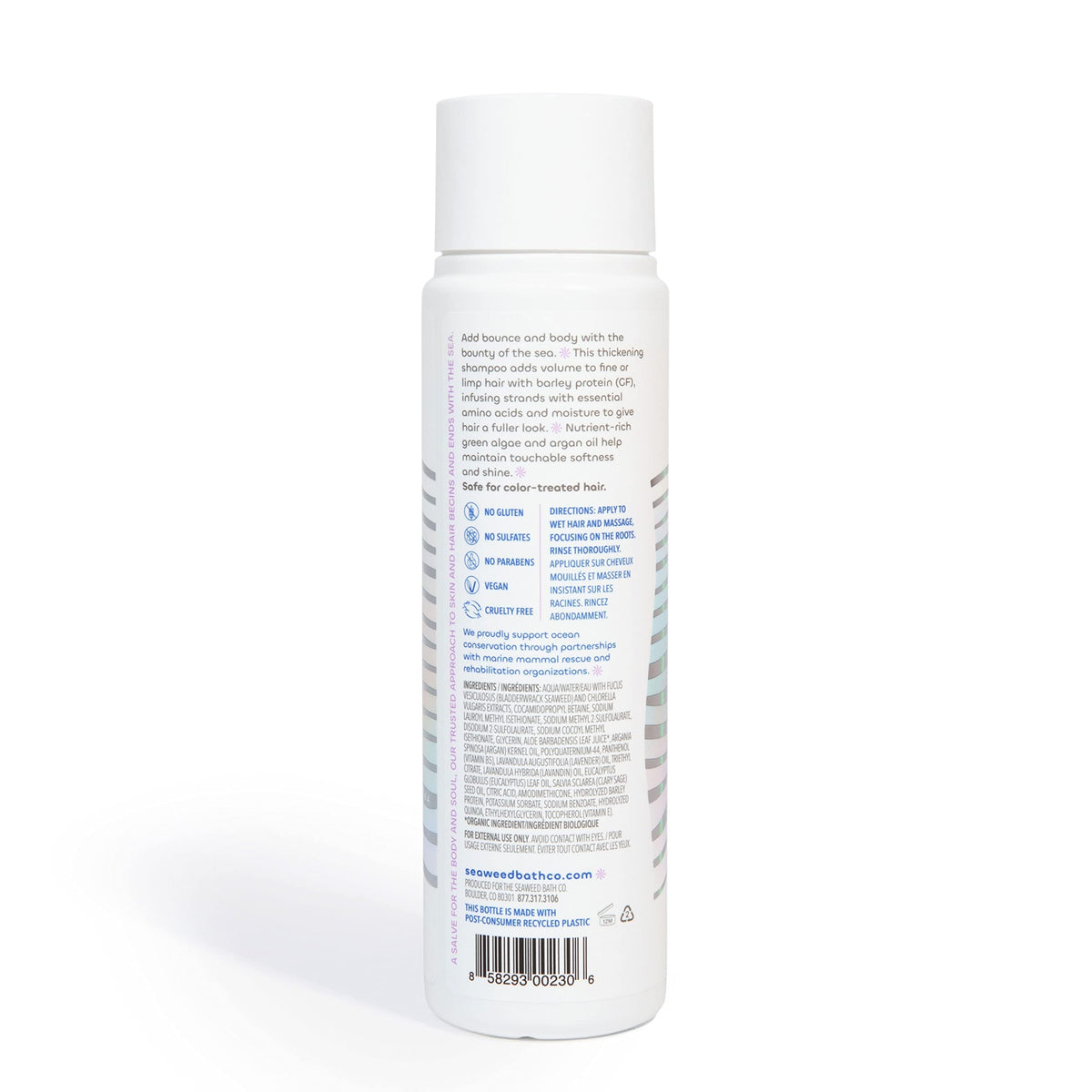 Seaweed Bath Co. Volumize Lavender label closeup highlights calming fragrance
