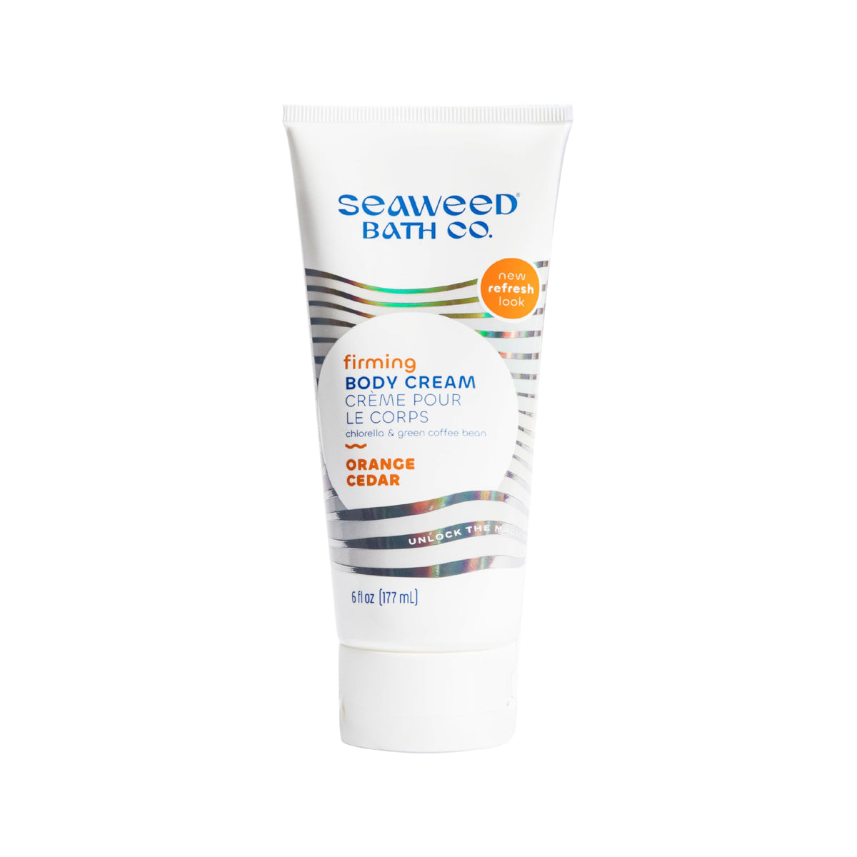 The Seaweed Bath Co. firming cream orange cedar tube hydrates dry skin gently.