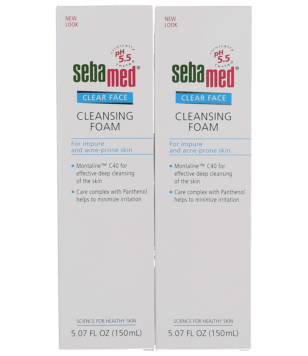 Sebamed Clear Face Cleansing Foam label closeup highlights pH 5.5 balance.