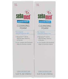 Sebamed Clear Face Cleansing Foam label closeup highlights pH 5.5 balance.