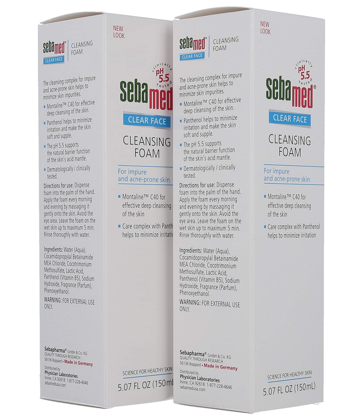Sebamed Clear Face Cleansing Foam packaging on shelf signals gentle, non-drying care.