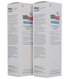 Sebamed Clear Face Cleansing Foam packaging on shelf signals gentle, non-drying care.