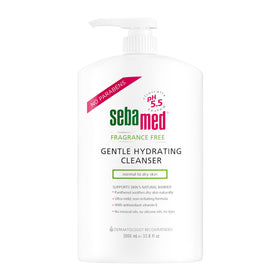 SEBAMED fragrance-free gentle cleanser bottle on bathroom sink for sensitive skin
