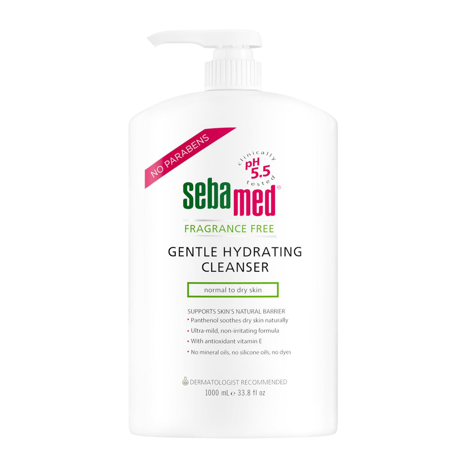 SEBAMED fragrance-free gentle cleanser bottle on bathroom sink for sensitive skin
