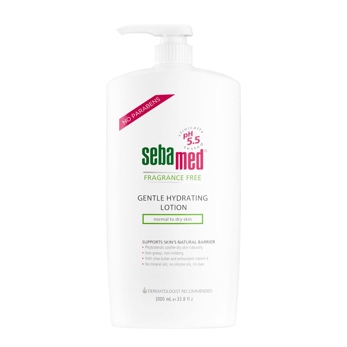 SEBAMED fragrance-free gentle hydrating lotion bottle showing 1 L size for sensitive skin