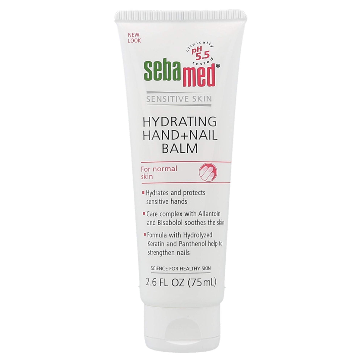 Sebamed Hand and Nail Balm bottle shown, highlighting a non-greasy, quick-absorbing moisturizer.