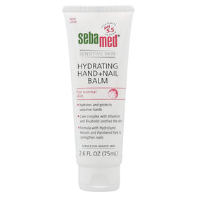 Sebamed Hand and Nail Balm bottle shown, highlighting a non-greasy, quick-absorbing moisturizer.