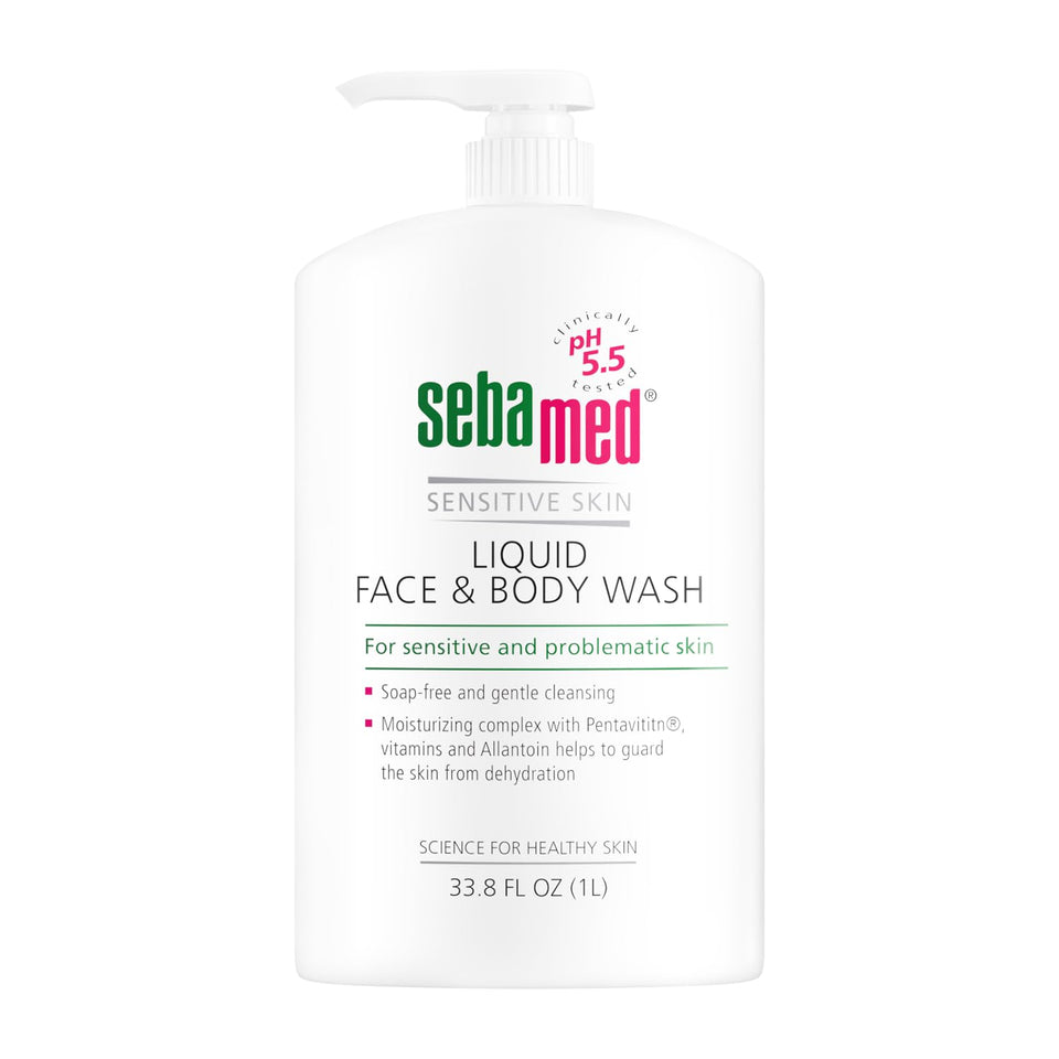 SEBAMED Liquid Face and Body Wash bottle showing gentle, pH-balanced cleansing for sensitive skin.