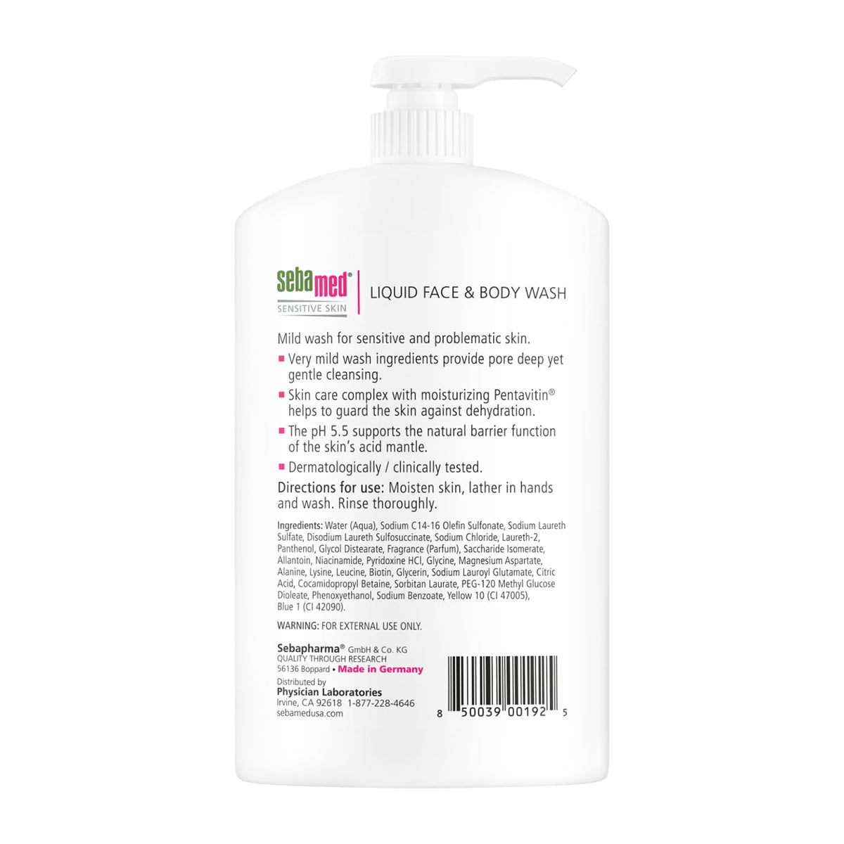 SEBAMED Liquid Face and Body Wash label close-up highlights hypoallergenic formula.