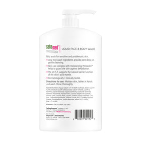 SEBAMED Liquid Face and Body Wash label close-up highlights hypoallergenic formula.