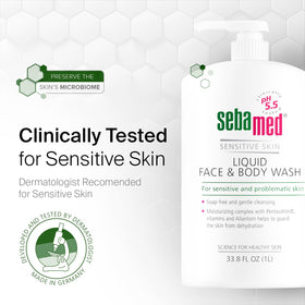 SEBAMED packaging display shows 1 liter bottle for easy daily use.