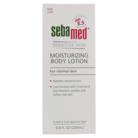 Close-up of SEBAMED Moisturizing Lotion texture, highlighting lightweight, non-greasy hydration.