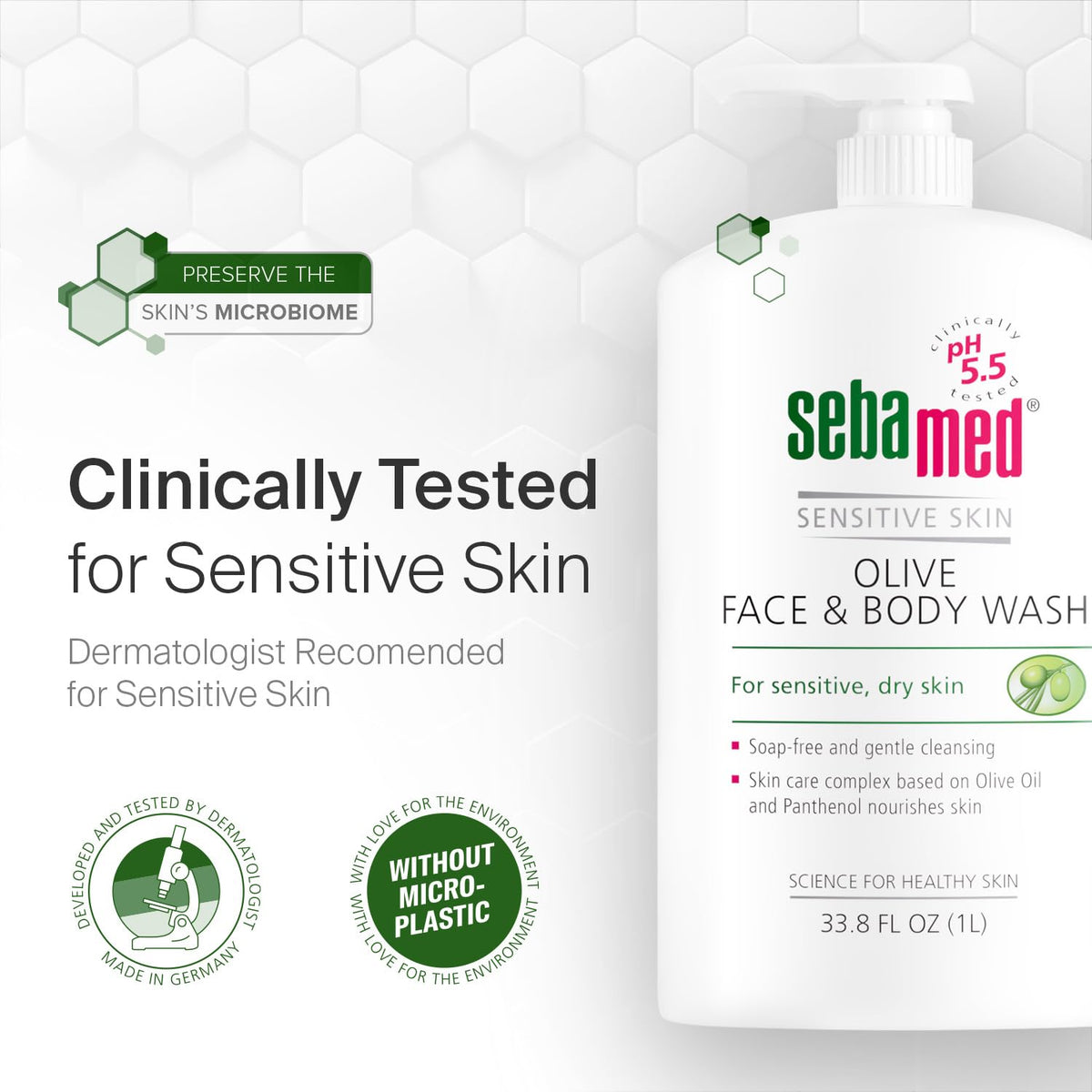Sebamed Olive Wash lather close-up highlighting olive oil and provitamin B5.