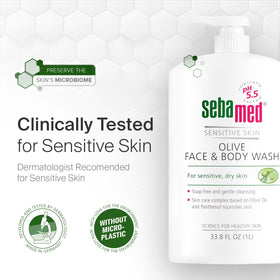 Sebamed Olive Wash lather close-up highlighting olive oil and provitamin B5.