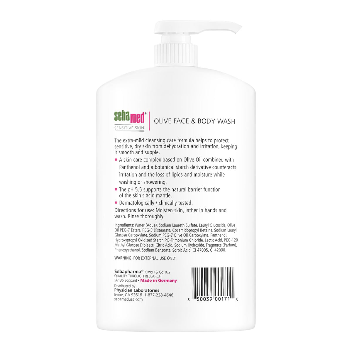 Close-up of Sebamed Olive Wash label highlighting pH 5.5 for protective skin barrier.