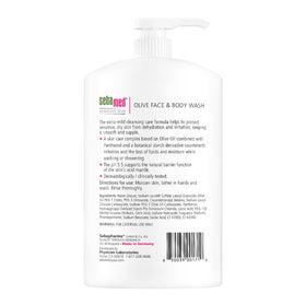Close-up of Sebamed Olive Wash label highlighting pH 5.5 for protective skin barrier.