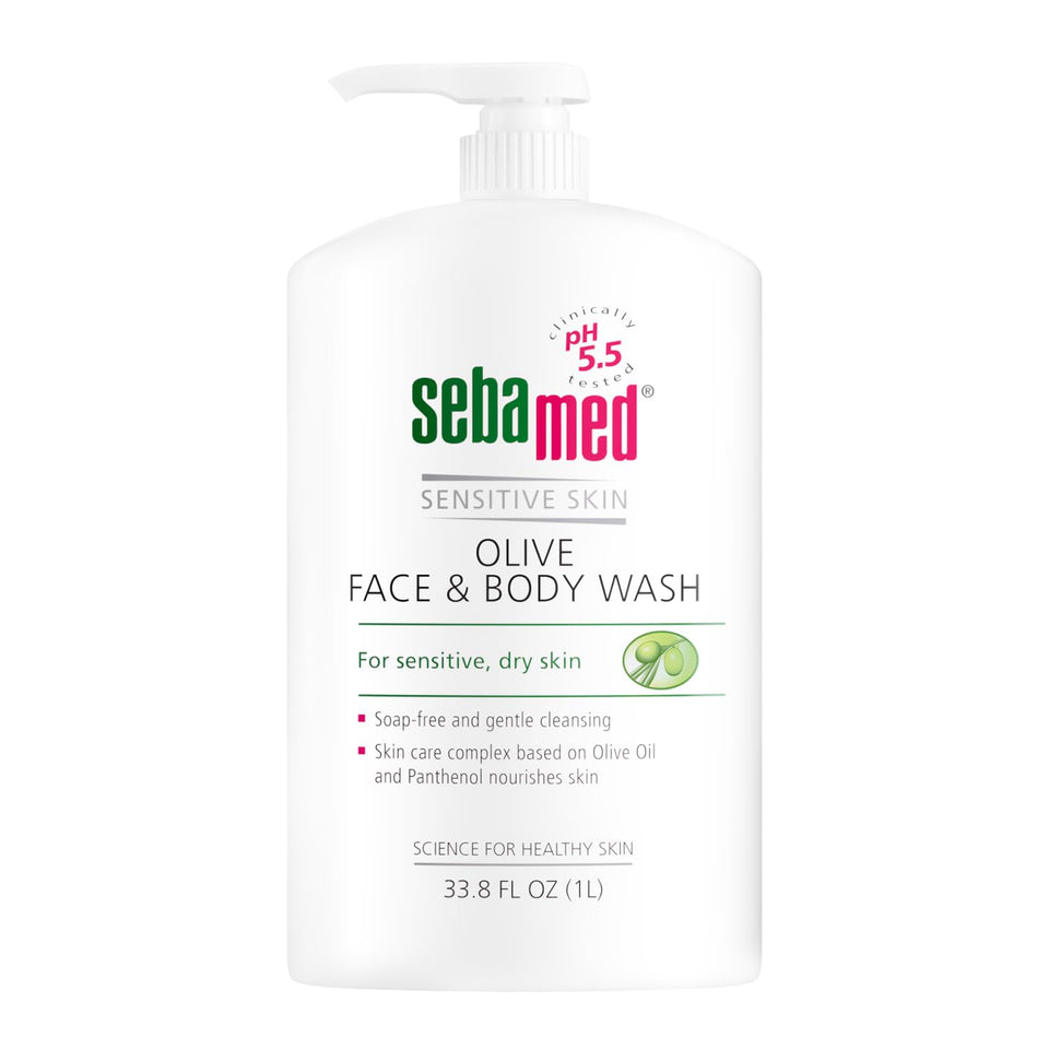Sebamed Olive Face & Body Wash bottle with pump for sensitive skin and daily cleansing.