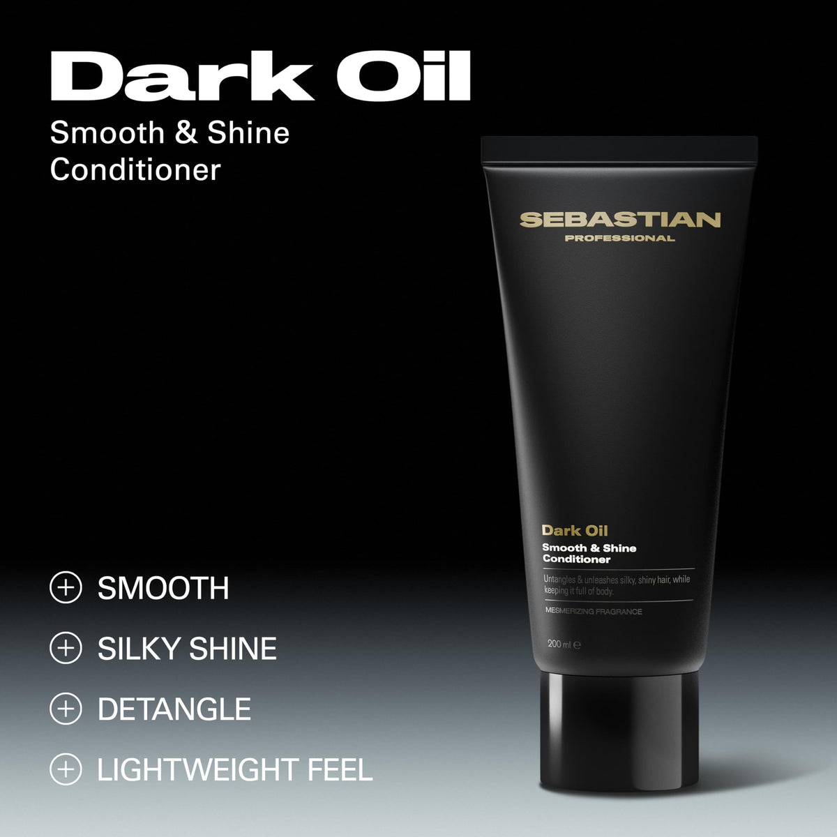 Sebastian Dark Oil conditioner texture close-up highlights creamy, lightweight detangler.