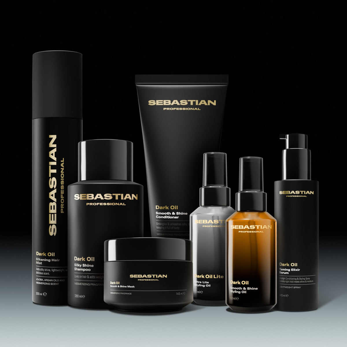 Sebastian Dark Oil Lite packaging front conveys premium styling care