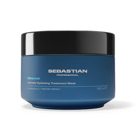 Sebastian Drench hydrating mask bottle closeup showing rich moisture for dry hair.