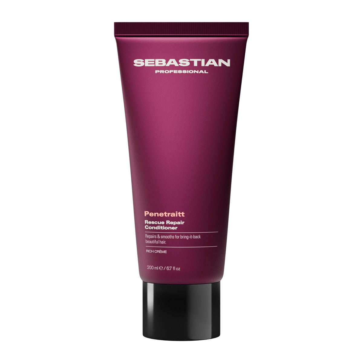 Sebastian Penetraitt rescue repair conditioner bottle demonstrates strengthened, smoother hair after use.
