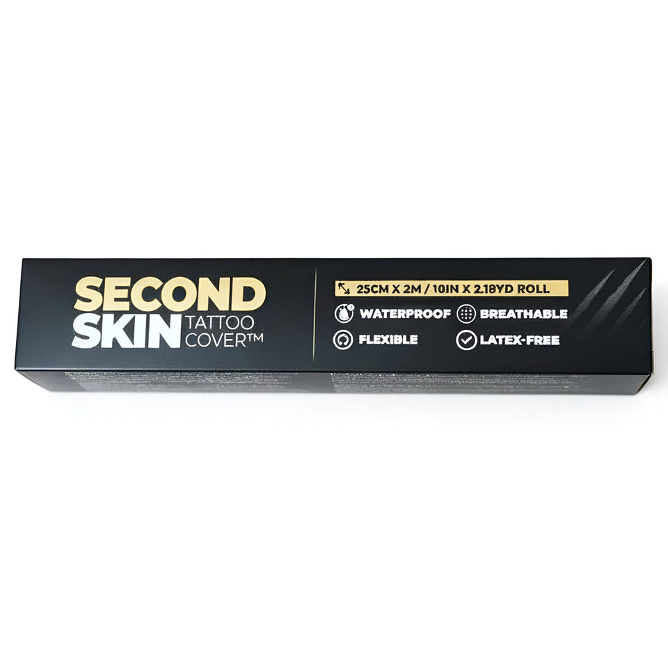 Second Skin Tattoo Cover roll application shows easy peel-and-stick use for aftercare.