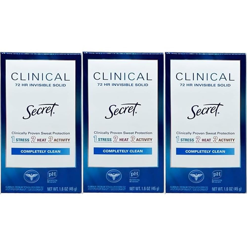 Secret Clinical Completely Clean deodorant 3-pack packaging showing compact design for daily use.