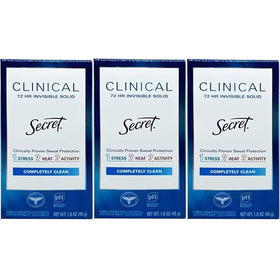 Secret Clinical Completely Clean deodorant 3-pack packaging showing compact design for daily use.