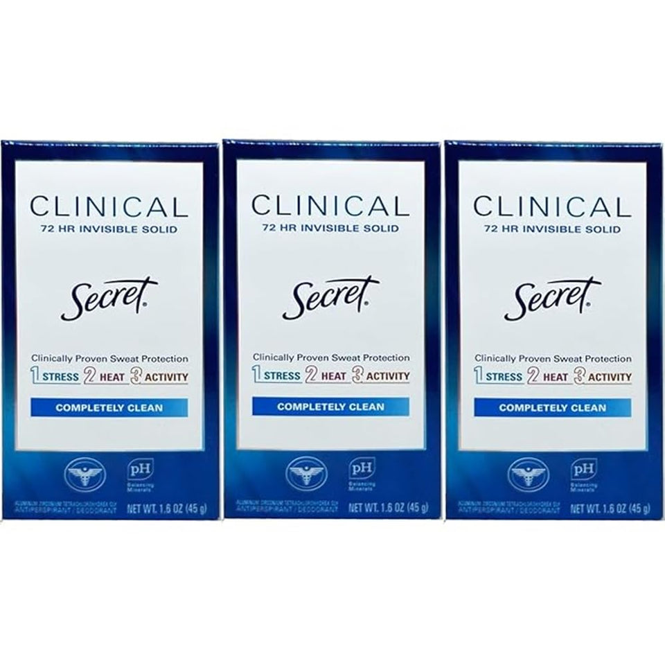 Secret Clinical Completely Clean deodorant 3-pack packaging showing compact design for daily use.