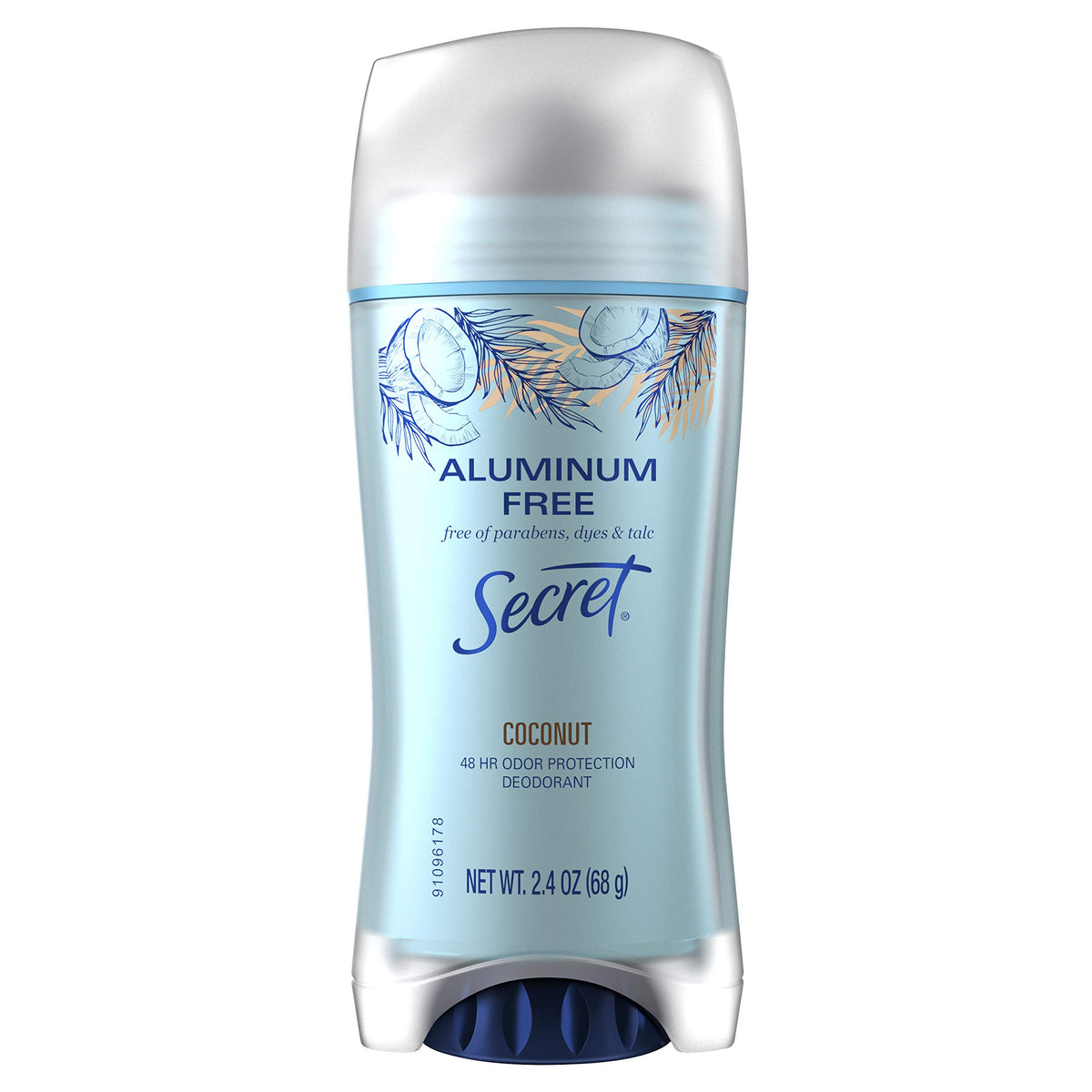 Secret coconut aluminum-free deodorant label shows twelve-pack value