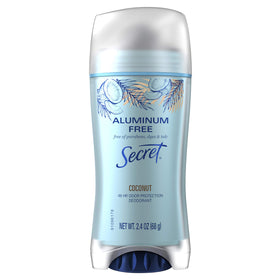 Secret coconut aluminum-free deodorant label shows twelve-pack value