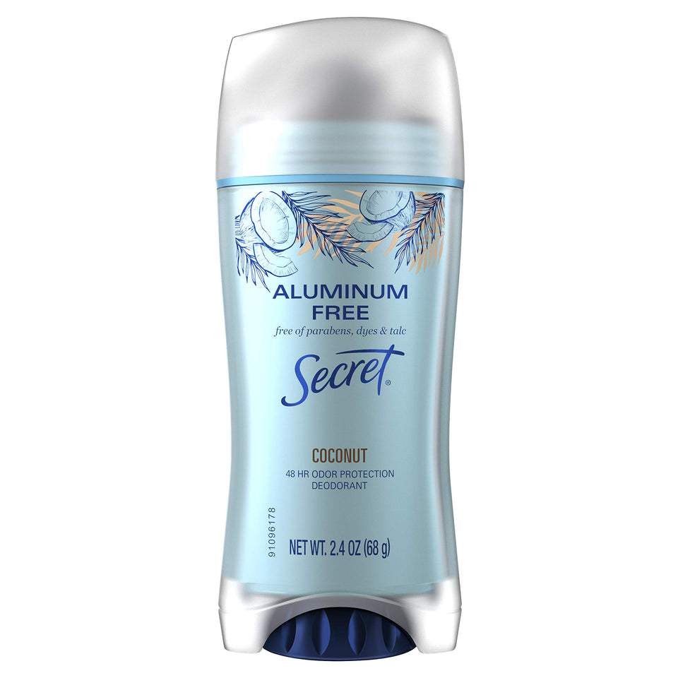 Secret coconut aluminum-free deodorant label shows twelve-pack value