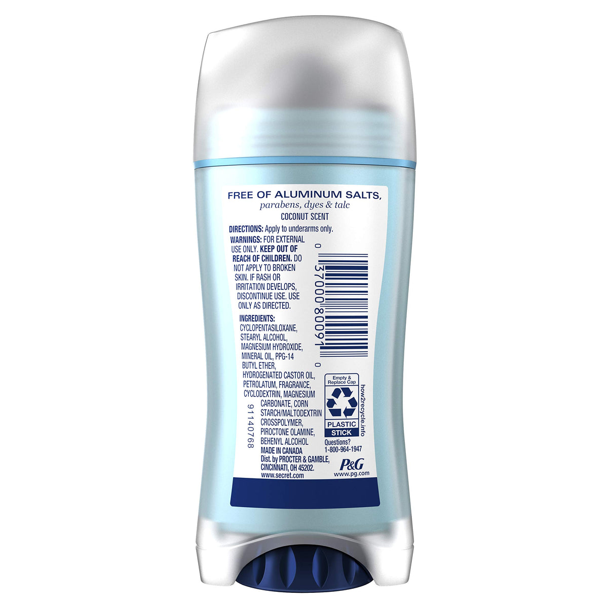 Secret coconut deodorant tube highlights easy application and aluminum-free formula