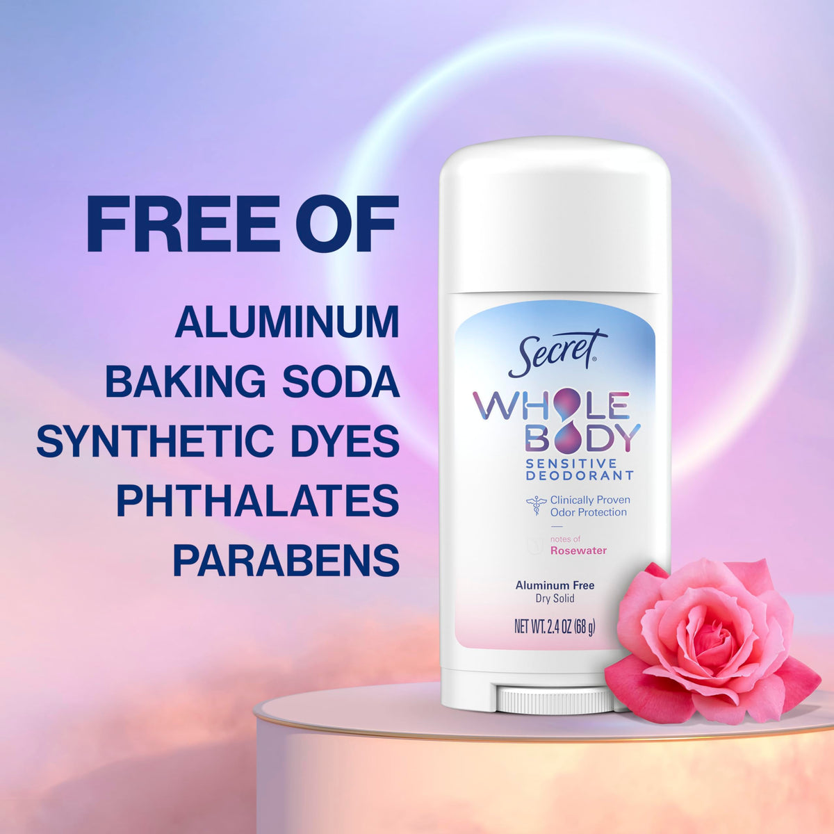 Secret label notes dermatologist-tested safety for skin.