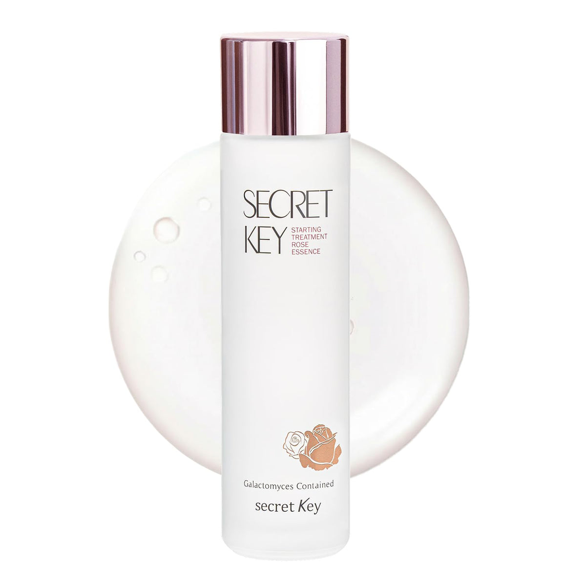 Secret Key Starting Rose Essence Toner bottle close-up showing hydrating glow.